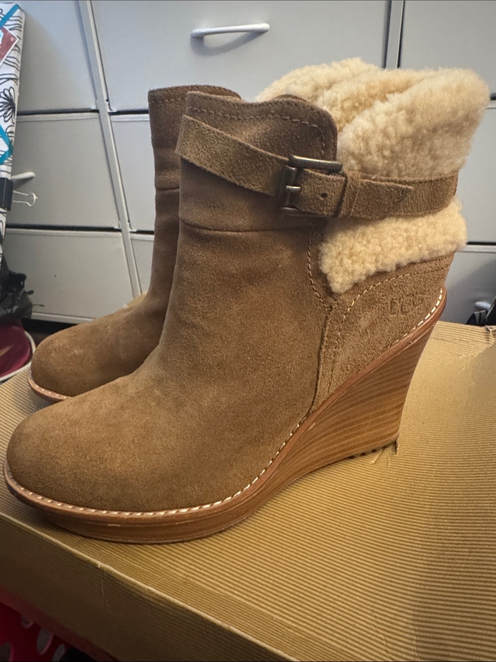 UGG Chestnut Suede Wedge Boot with Shearling Cuff